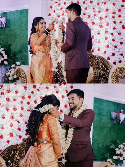 A close-up collage of the garland exchange at the reception, focusing on the couple's happy and intimate interaction.