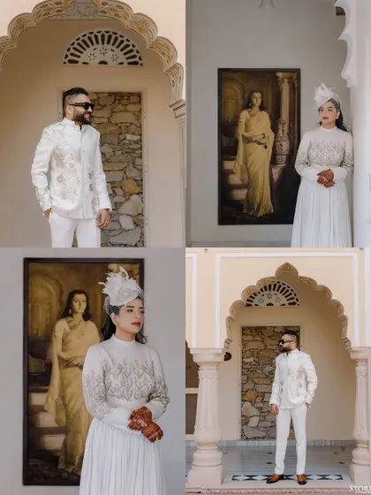 A collage showcasing the regal outfits and stunning architecture from a polo match event at a palace.
