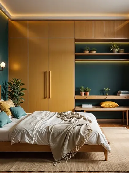 Another take on the teal and yellow combination. Here, the wardrobe and integrated shelving are finished in a warm wood tone, which grounds the deep teal wall and creates a sophisticated, mid-century modern vibe.