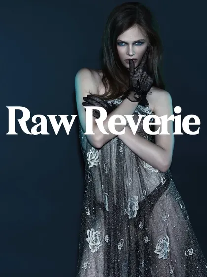 The title image for the "Raw Reverie" series. The text and the pose work together to establish a mood of mysterious elegance.