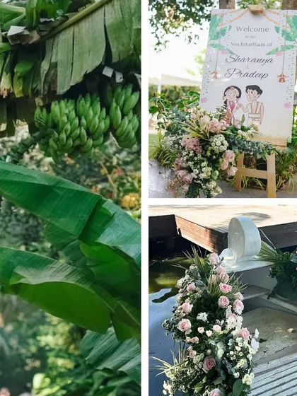 Details from the 'Bridgerton' theme, including a custom welcome sign and floral decorations on the entry boat.