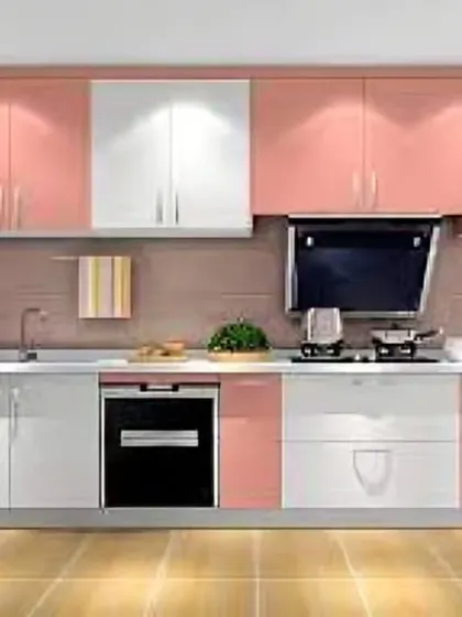 This straight kitchen design uses a soft pink and white color palette for a gentle, modern look. It's a simple, efficient layout perfect for smaller apartments or as a secondary kitchen.