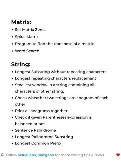 Common DSA interview questions covering Matrix and String manipulation, including word search, spiral matrix, and finding the longest substring.