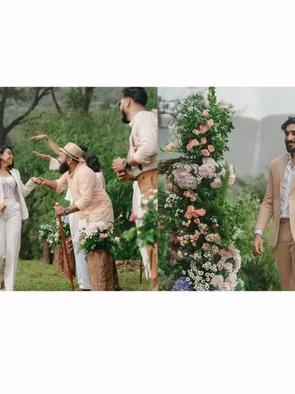 A panoramic collage showing the bride's entrance and the groom waiting for her, with the waterfall as their witness. It tells the story of their reunion at the altar.