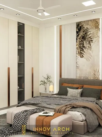 This render of the Noida Sector 19 master bedroom showcases the full view, including the spacious wardrobe with glass and laminate shutters. The design is a perfect balance of elegance, minimalism, and functionality.