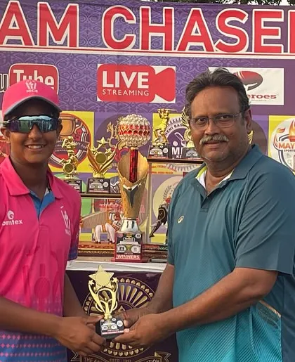 Individual recognition within a team victory. Kashvi receiving her MVP award during the Vijayawada tour presentation ceremony.