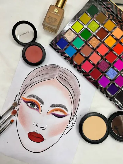 Theory is just as important as practice. Here's an example of a face chart used in my classes to plan and design makeup looks, surrounded by premium products from MAC and Estee Lauder.