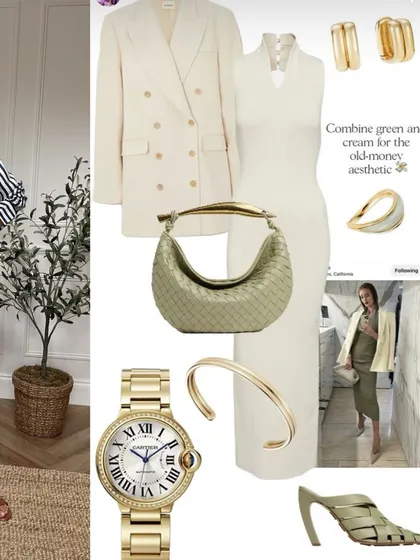 To achieve the 'Old Money' aesthetic, I advise combining neutral colors like green and cream with classic accessories. This flat lay demonstrates how a cream blazer, a simple dress, and gold jewelry create a look of understated luxury.