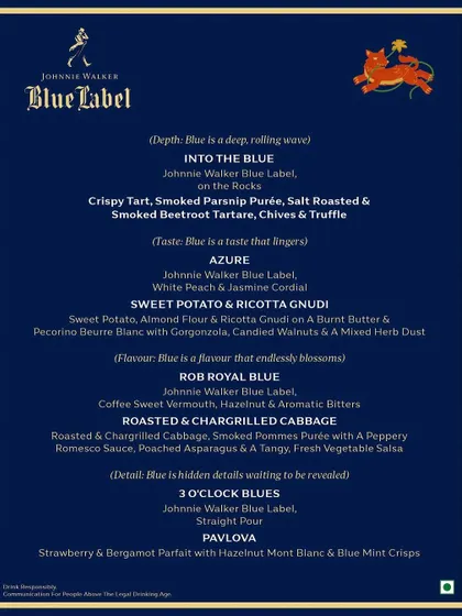 The vegetarian menu for the "Depth of Blue" dinner, with creative pairings like Sweet Potato Gnocchi and Roasted Cabbage with Romesco.