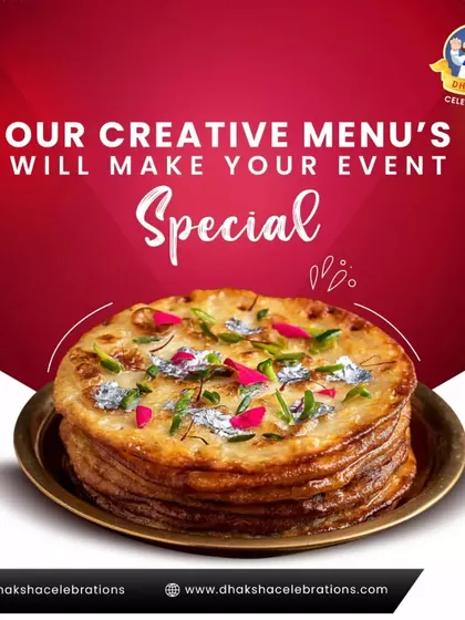 This image features a stack of Malpua, a traditional Indian pancake-like dessert, garnished with pistachios and rose petals. My creative menus are designed to make your event special.