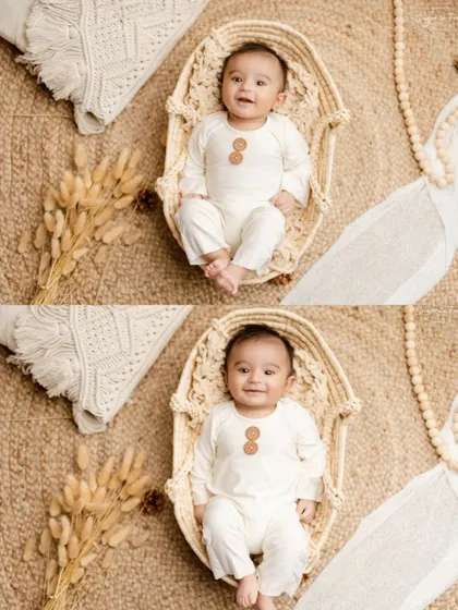 A collage of two overhead shots from a boho-themed sitter session, showing the baby's happy and content expressions.