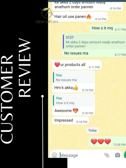 "Awesome. Impressed." Simple words but they mean so much. This customer was happy with her hair oil and other products.