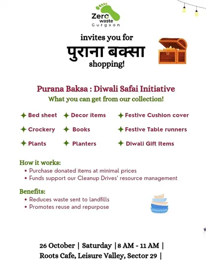 Announcing our 'Purana Baksa: Diwali Safai Initiative'. This poster outlines how our thrift store works, its benefits in reducing landfill waste, and the types of festive items you can donate or purchase.