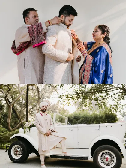 A collage showing the groom getting ready with the help of his family and posing next to a vintage white car.