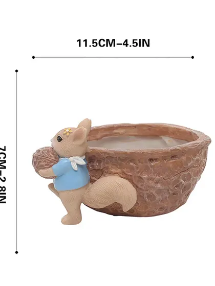 This little squirrel nut pot is another one of our charming resin planters. The dimensions are 4.5 inches by 2.8 inches, making it a great size for a desk or windowsill.