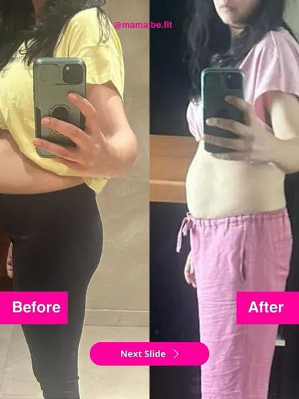 A little progress each day adds up to big results. This mama went from 68.25 kg to 66.8 kg in 4 weeks, with a visible reduction in tummy size and bloating, all while eating balanced meals.