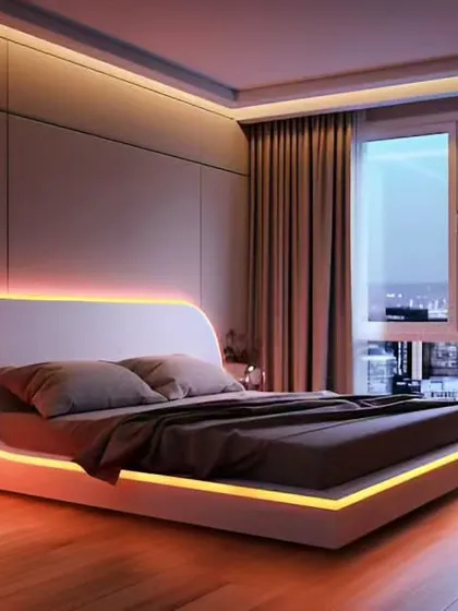 This ultra-modern bedroom features a bed with an integrated LED light frame, creating a futuristic floating effect. The large window offers a stunning city view.