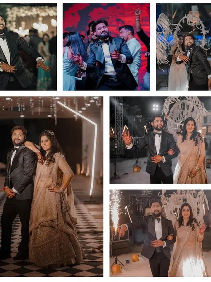 This collage captures the groom's energy and the couple's grand entrance at their Sangeet. From dancing with his friends to walking in with his bride amidst sparklers, it’s all about celebration.