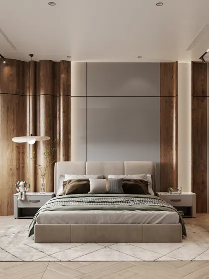 A studio apartment bedroom render where a curved wooden feature wall and integrated lighting create a warm and inviting atmosphere. The visualization also includes a clear view of the walk-in closet.