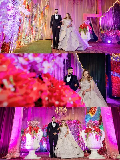 A collage of the couple's glamorous reception entry, with dramatic lighting and decor.
