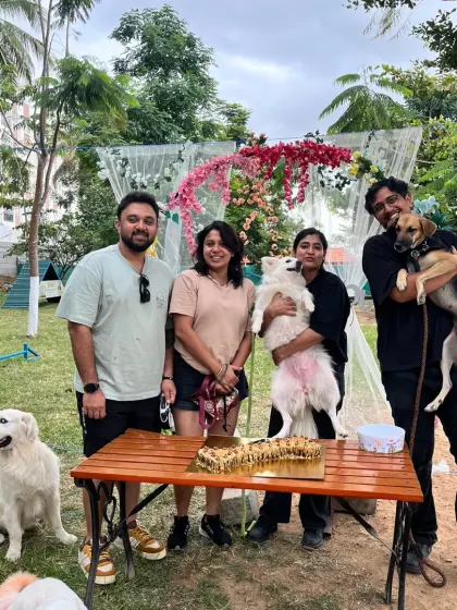 A group photo from our June Barkday Bash, showcasing the community of pet parents and their diverse furry friends, from Indies to Spitz, all celebrating together.