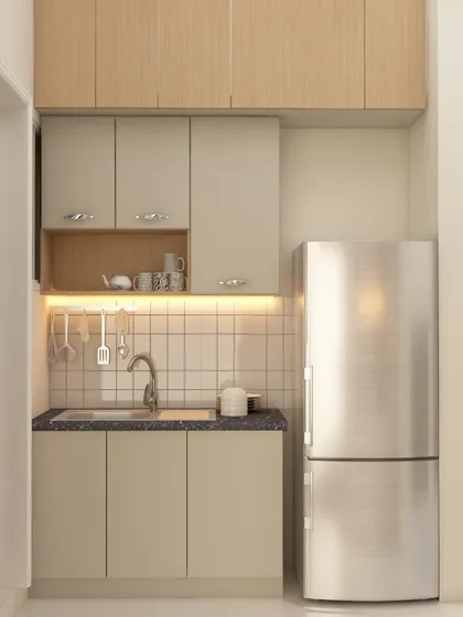 A compact and efficient kitchenette design, perfect for a small apartment or pantry area. The layout includes essential storage, a sink, and a refrigerator, all neatly organized in a minimal footprint.