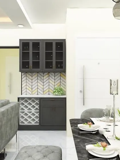 A simple home decor design featuring a dining area with a built-in bar and wine rack.