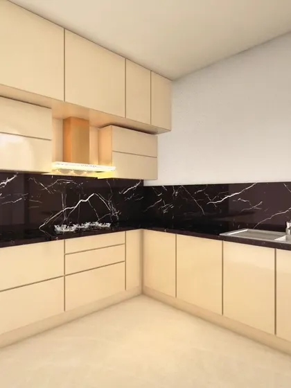 A 3D concept for a modular kitchen with beige high-gloss cabinets and a black marble-patterned backsplash. This design focuses on a seamless look with handleless drawers and integrated appliances.