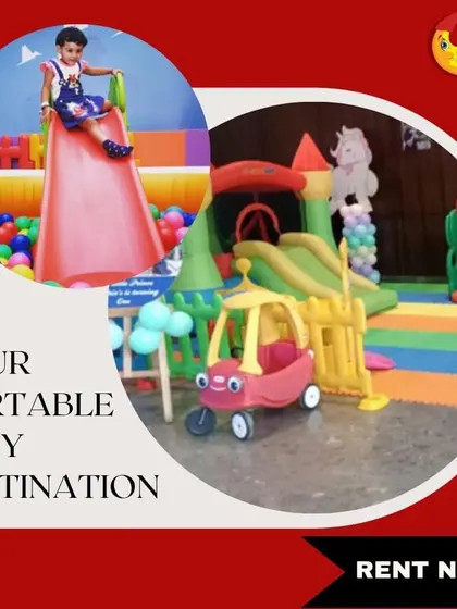 Your portable play destination. This graphic features a girl on a large slide and a cozy indoor setup with a ride-on car, showing that I can create the perfect play area for any child.