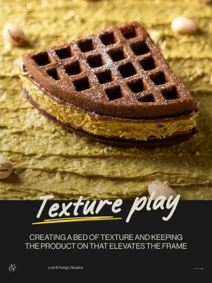 A great way to elevate a product is to create a bed of texture. For this Belgian Waffle Co. shot, we spread a layer of pistachio cream to create a rich, textured base that makes the waffle pop.
