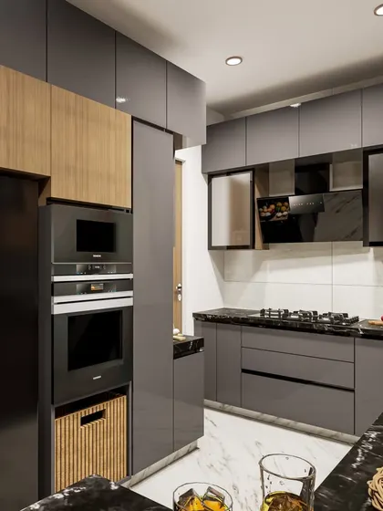 A closer look at the tall appliance unit, featuring a side-by-side refrigerator, built-in ovens, and a pull-out wicker basket, combining modern technology with classic storage ideas.
