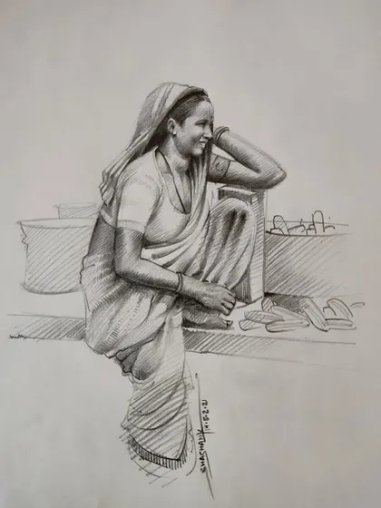 A pencil sketch of a woman selling produce, capturing a candid moment with soft shading and expressive lines.