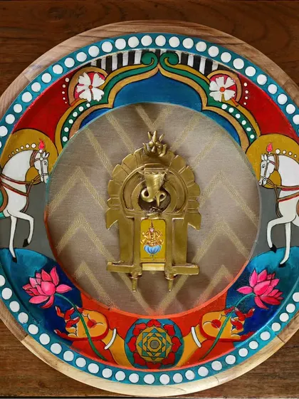 The completed Shukra (Venus) frame, a hand-painted piece dedicated to the Guru of the Asuras. The design incorporates the Shukra yantra and other emblems of beauty and attachment, all within a restored vintage frame.
