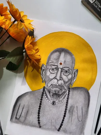 A closer look at the Swami Samarth portrait, focusing on the serene and powerful expression I worked to capture.