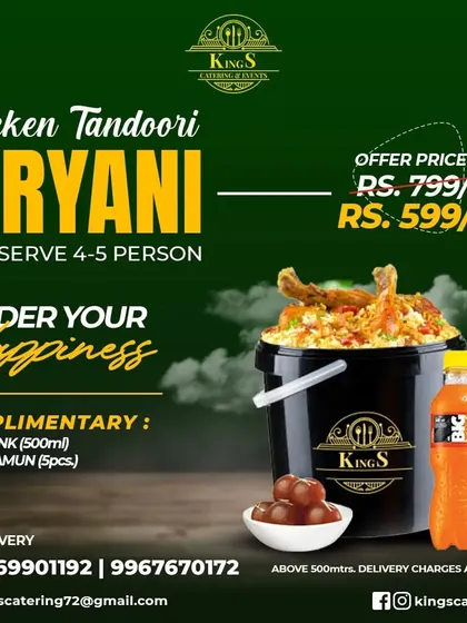 Order your happiness with this amazing deal. A 3kg bucket of our Chicken Tandoori Biryani that serves 4-5 people. It's complimentary with a soft drink, gulab jamun, raita, and salad. A perfect meal for a small family.