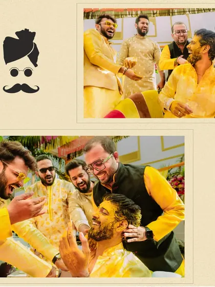 The groom's haldi experience, from laughing with his groomsmen to being completely covered in turmeric by his friends.