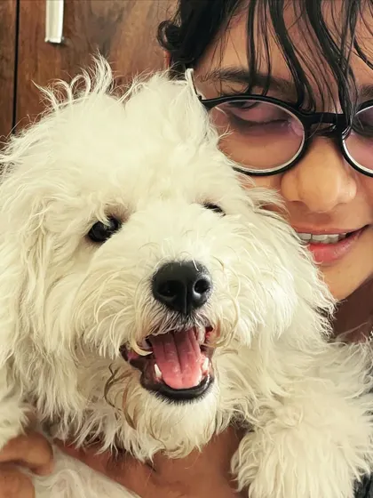 Another happy cuddle session with Snowy. We build a real bond with every dog that stays with us.