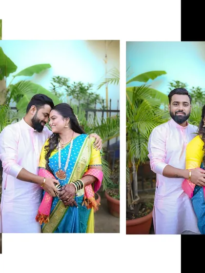 A two-photo layout showing both a romantic embrace and a classic smiling portrait. This gives a more complete story of the couple's connection.