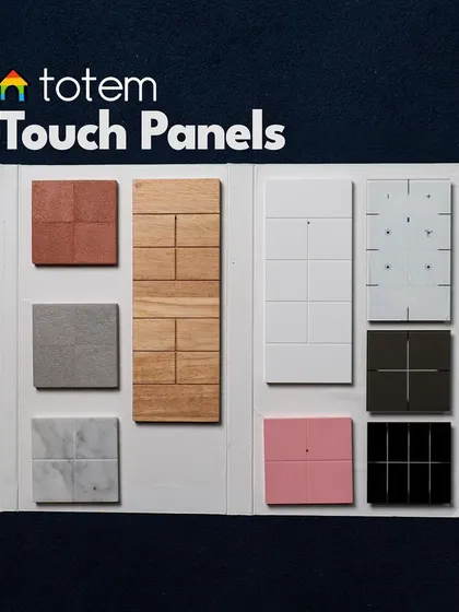 This sample board displays the variety of finishes we offer for our touch panels, from natural wood and stone to sleek modern colors, ensuring a perfect match for any design vision.