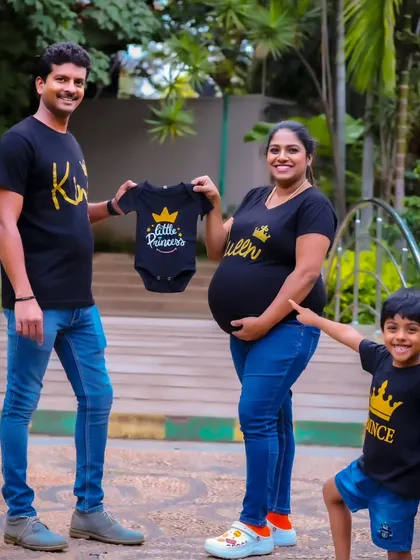 A heartwarming family maternity shoot. The whole family, including the older sibling, wears matching t-shirts with "King," "Queen," "Prince," and a "Little Princess" onesie.