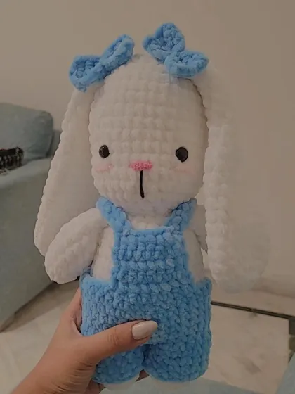 Meet Fluffy, a custom-ordered bunny plushie. This amigurumi toy features adorable details like handmade blue overalls and matching bows, all crafted from soft white yarn for the perfect huggable friend.