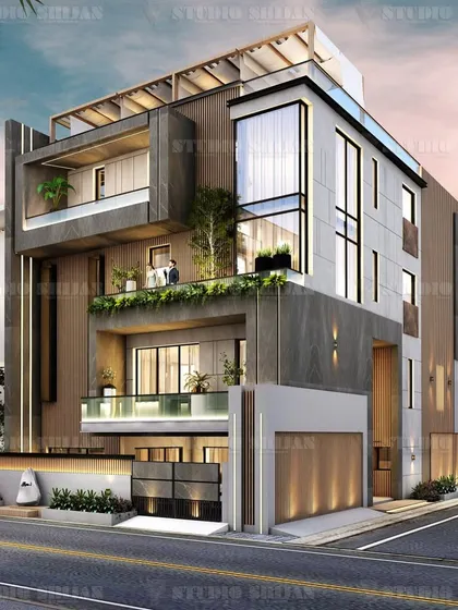 A 428 sq. yard residential project in Shalimar Bagh, New Delhi. The design uses a mix of horizontal wood slats and stone cladding, with extensive balconies for outdoor access.