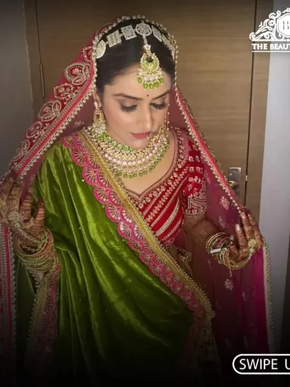 This bride is the picture of elegance in her velvet green and pink lehenga. I created a look with defined eyes and a balanced base to complement the rich colours of her outfit.