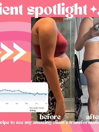 The side view of her 7-month transformation. The progress chart shows the steady, non-linear path of real weight loss. She learned to trust the process.