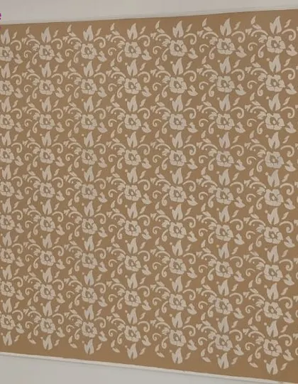 This image shows a classic damask stencil pattern applied over a neutral textured wall. This layering of texture and pattern creates a very rich and luxurious finish for a formal living room.