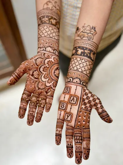 An alternate view of the baby shower design with mandalas and baby-themed forearm bands.
