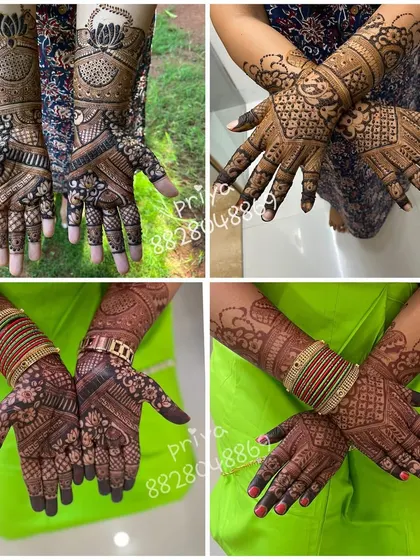 A collage showcasing four different styles of bridal hand mehndi. You can see the variety in my work, from designs with lotus motifs to those with bold geometric patterns, all with a rich, dark henna stain.