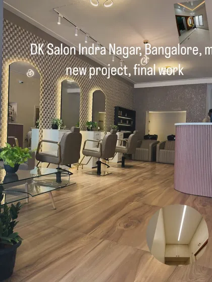 We also handle commercial projects, like this complete paint and texture job for DK Salon in Indra Nagar. We created a sophisticated and welcoming environment with patterned accent walls and clean finishes that match the brand's style.