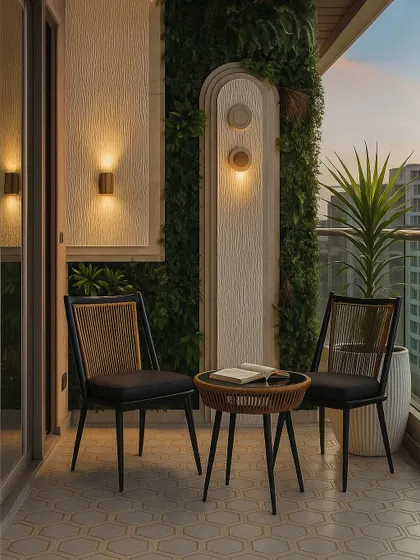A cozy 3D concept for a small balcony, featuring a bistro set, a vertical garden, and elegant wall sconces for a romantic evening ambiance.