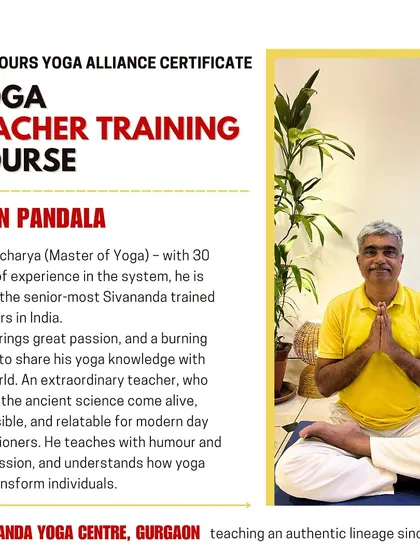 This graphic introduces me, Arun Pandala, as a senior teacher for the Yoga Teacher Training Course. My 30 years of experience are dedicated to making this ancient science accessible and relatable for modern practitioners.